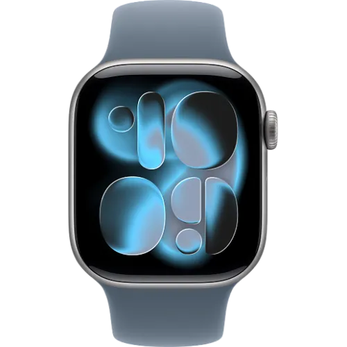 Apple Watch 11 42мм Спортивный ремешок (Серый космос/Синий)