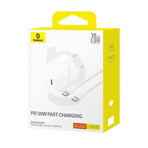 Сетевое зарядное устройство Baseus GaN5 1C 20 Вт + Кабель USB-C - USB-C Белое